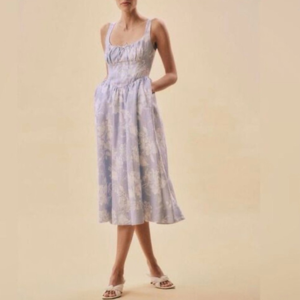 Reformation Balia Linen Dress Angelic Floral Blue Midi NWT Size 12 | retail 278$ - Picture 2 of 11